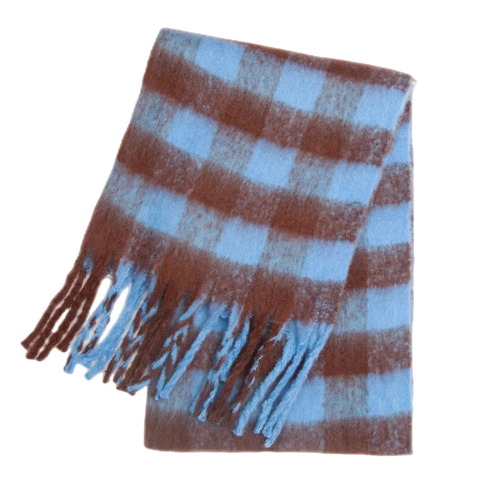 Brown and light blue plaid cashmere scarf with fringed ends