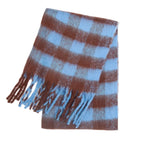 Brown and light blue plaid cashmere scarf with fringed ends