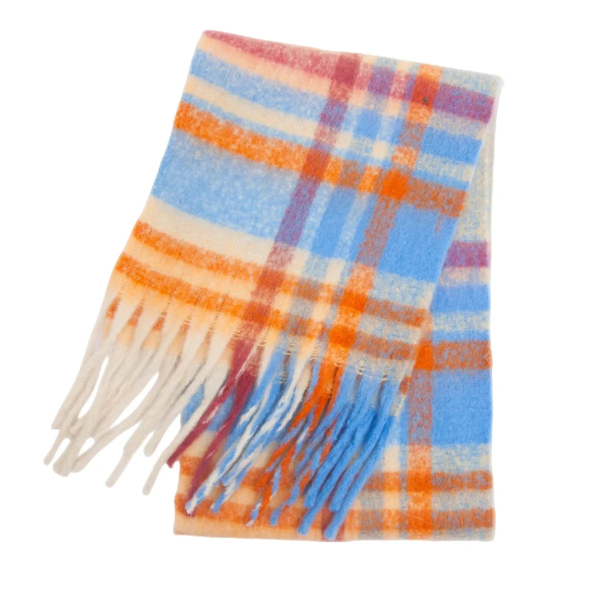 Orange and light blue plaid cashmere scarf with long fringes
