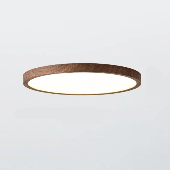 Slim round flush mount LED ceiling light with dark wood rim