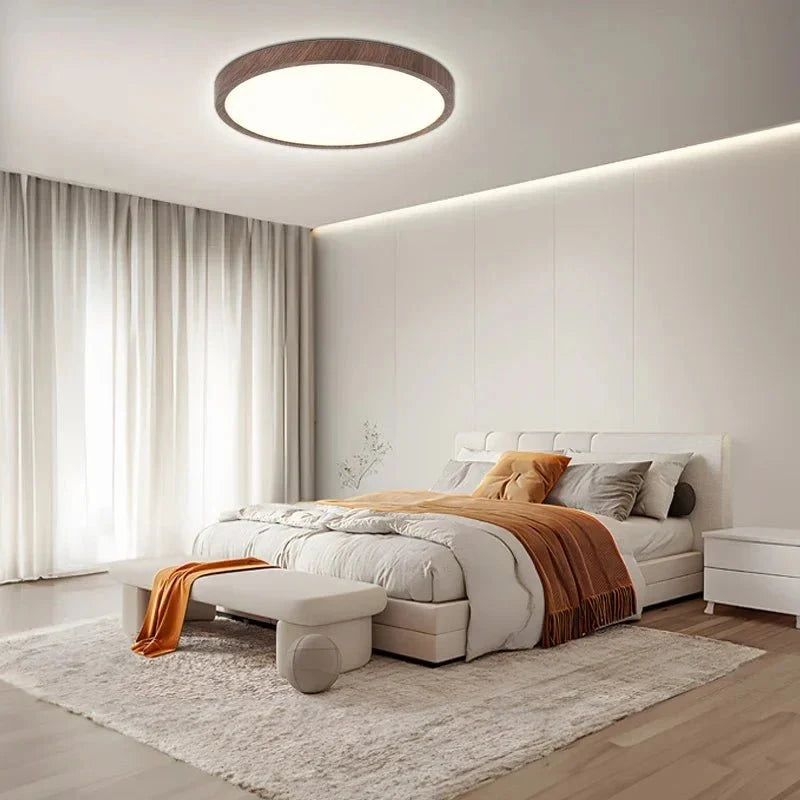 Round flush mount LED ceiling light with dark wood rim