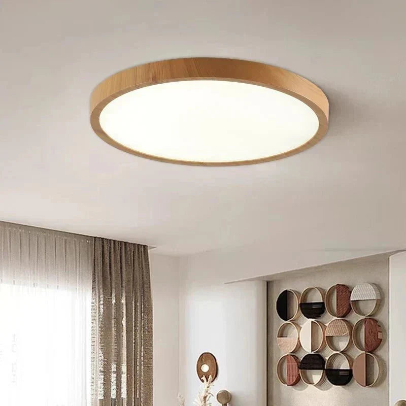 Walnut wood-ring flush mount LED ceiling lamp with slim round design