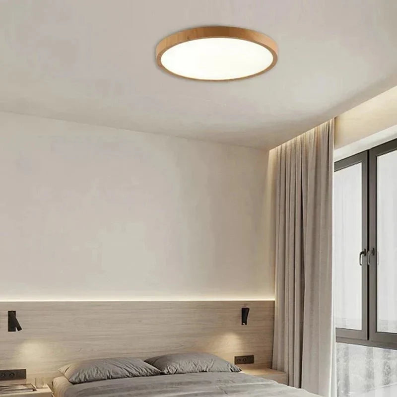 Slim round flush mount LED ceiling light with light wood rim