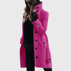 Women’s dark pink button-front long coat with high stand collar and flap pockets