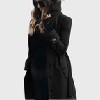 Women’s black button-front long coat with high stand collar and side buckle detail