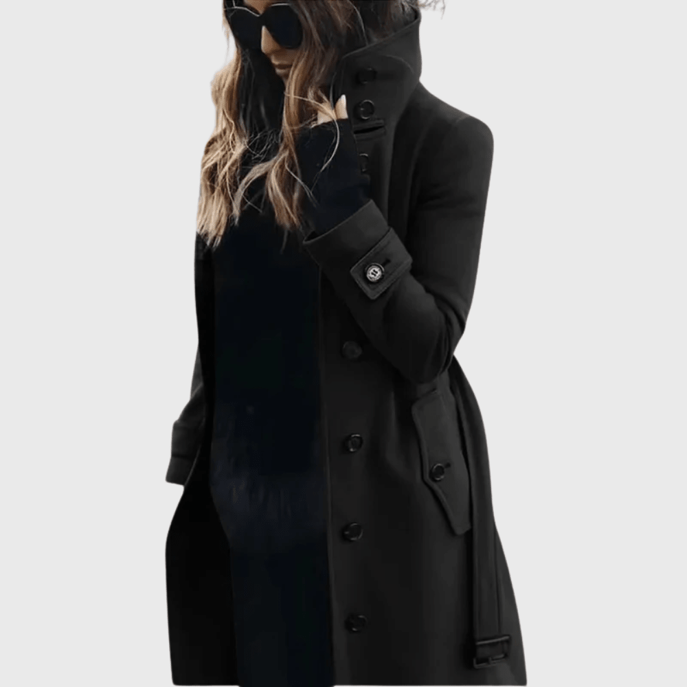Women’s black button-front long coat with high stand collar and side buckle detail