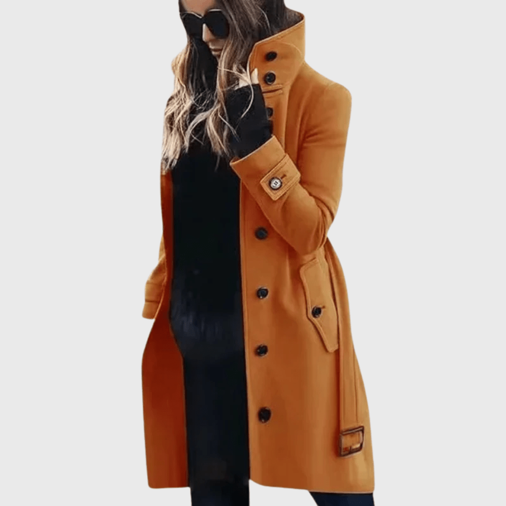 Women’s orange button-front long coat with high stand collar and side buckle strap