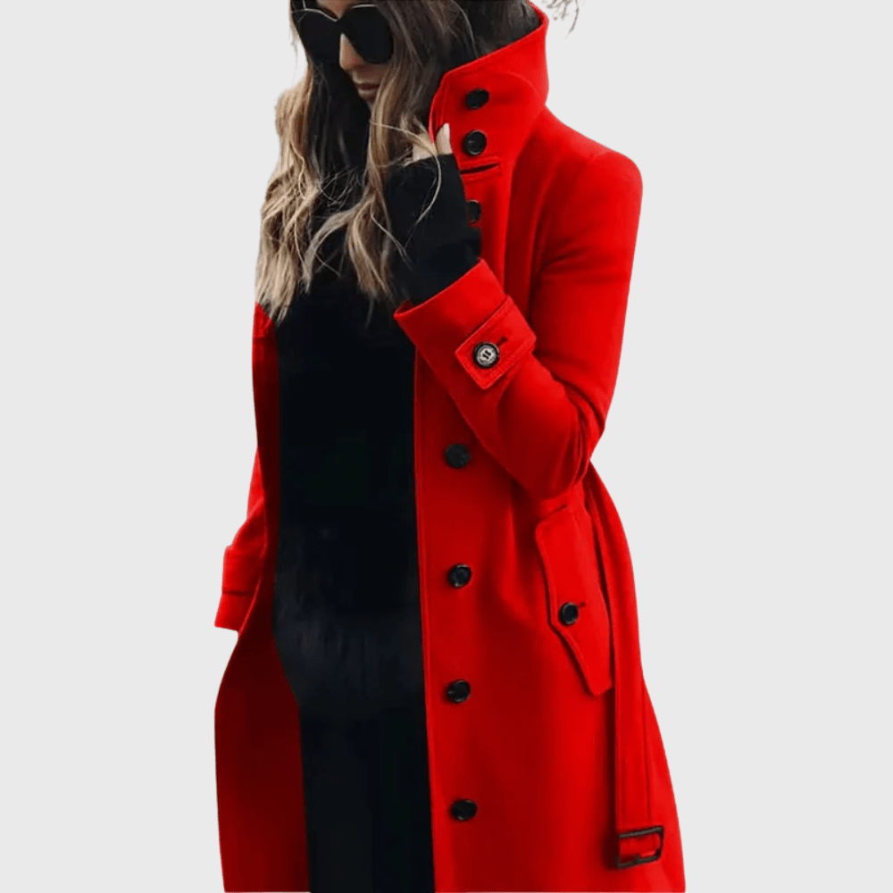 Women’s red button-front long coat with high stand collar, flap pockets, belt strap