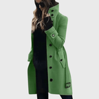 Women’s green button-front long coat with high stand collar and long sleeves