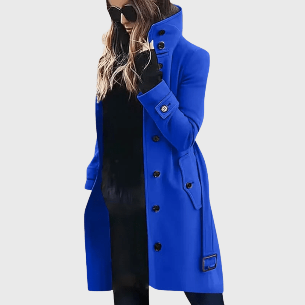 Women’s blue button-front long coat with high stand collar, flap pockets, belt strap