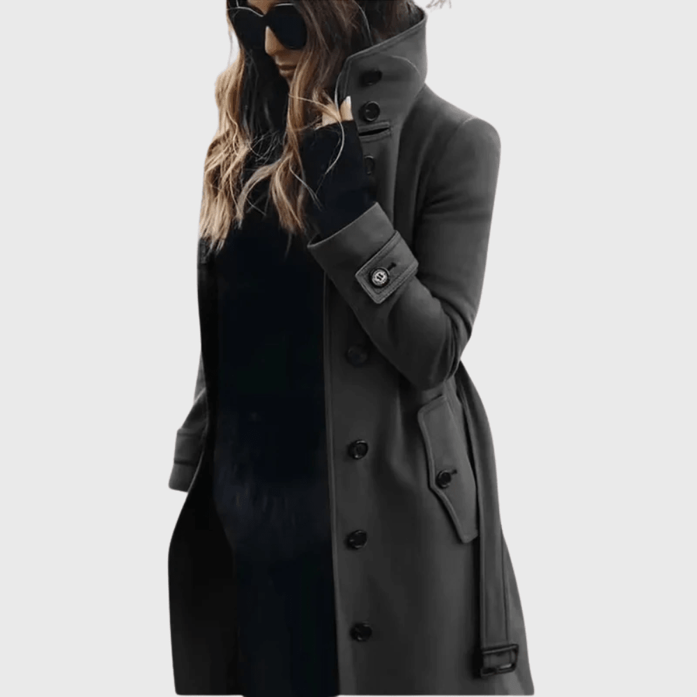 Women’s dark gray button-front long coat with high stand collar and button details