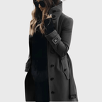 Women’s dark gray button-front long coat with high stand collar and button details