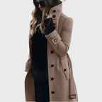 Women’s beige button-front long coat with high stand collar and long sleeves