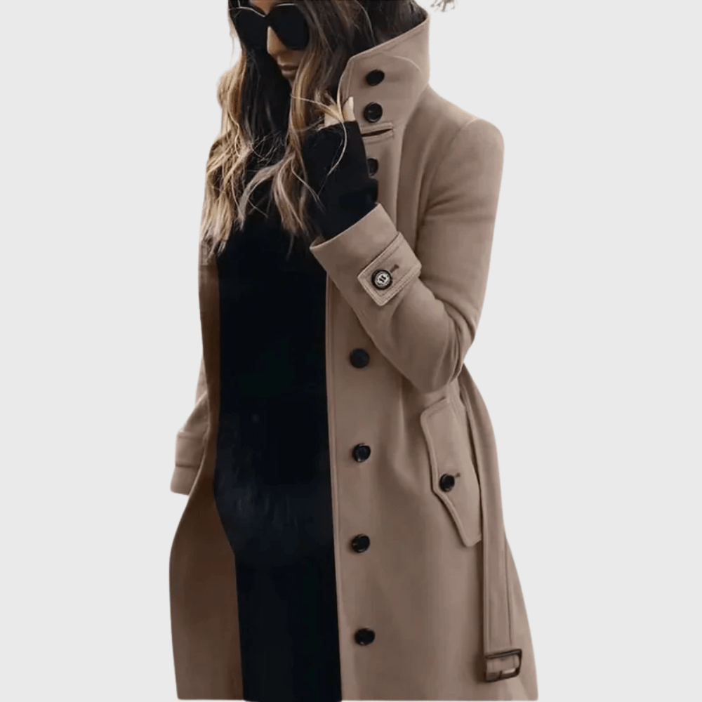 Women’s beige button-front long coat with high stand collar and long sleeves