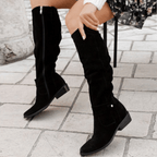 Black knee-high slouch boots with low block heel and side pull-on fit