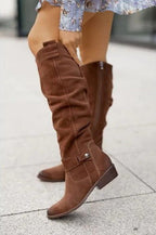 Rust brown knee-high slouch boots with low block heel and side button