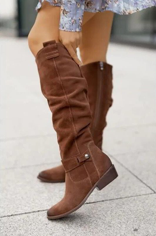 Rust brown knee-high slouch boots with low block heel and side button