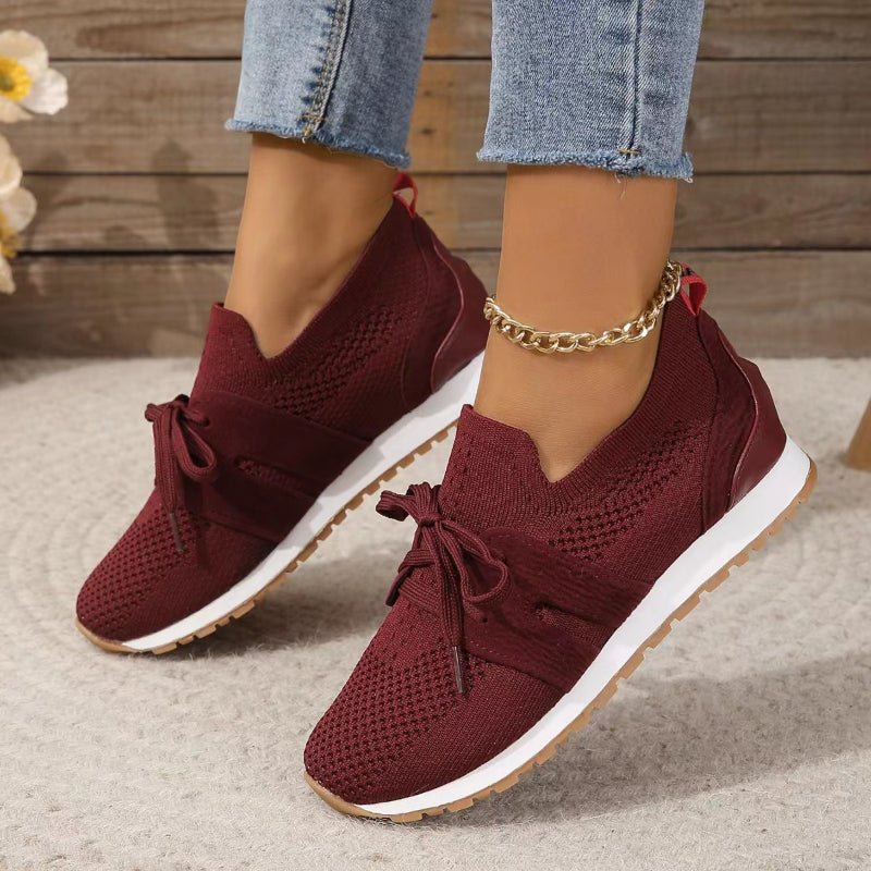 Women's lightweight slip-on sneakers, dark red knit with bow laces and white sole