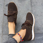 Women's lightweight slip-on sneakers, brown knit with lace-up bow and white rubber sole