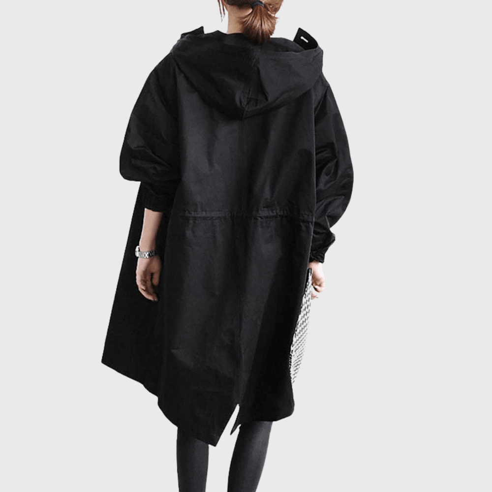 Longline hooded trench coat, black, button front, relaxed fit