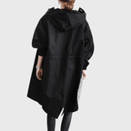 Longline hooded trench coat, black, button front, relaxed fit