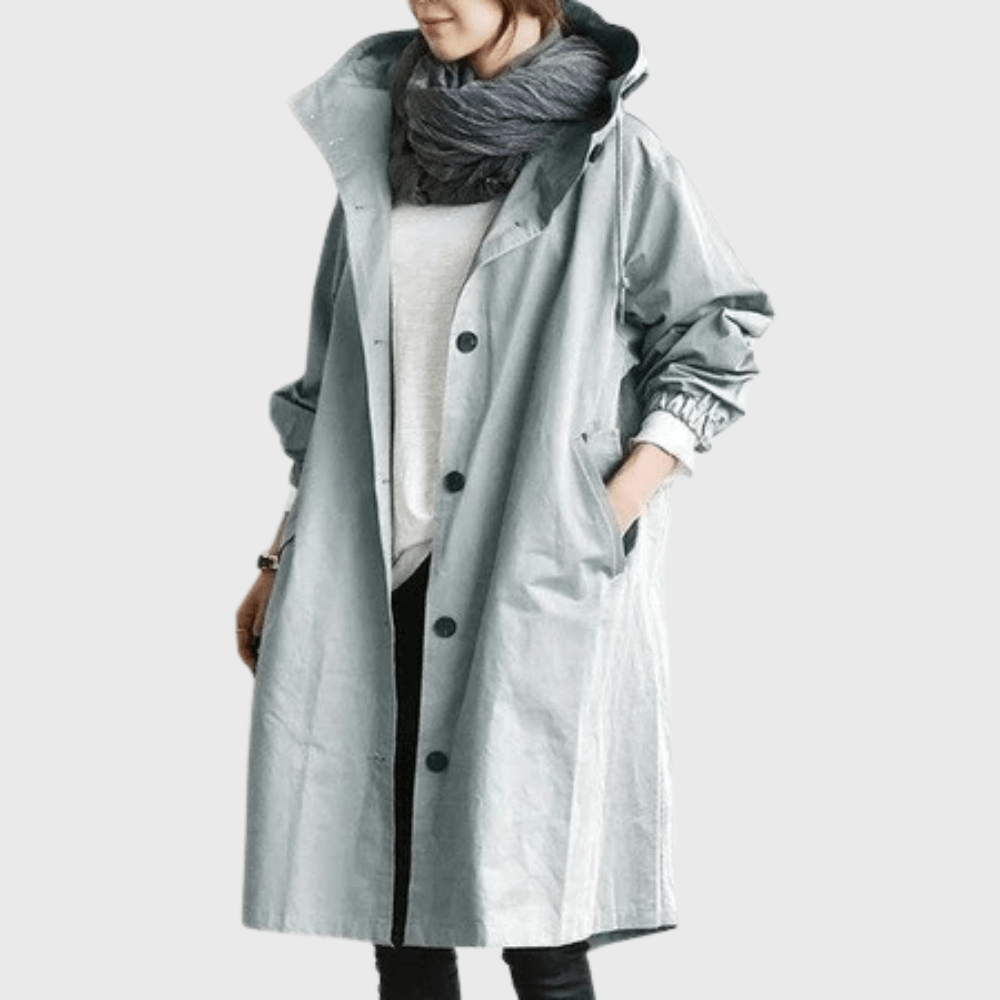 Longline hooded trench coat, light blue, button front, long length