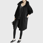 Longline hooded trench coat, black, button front, dropped shoulders