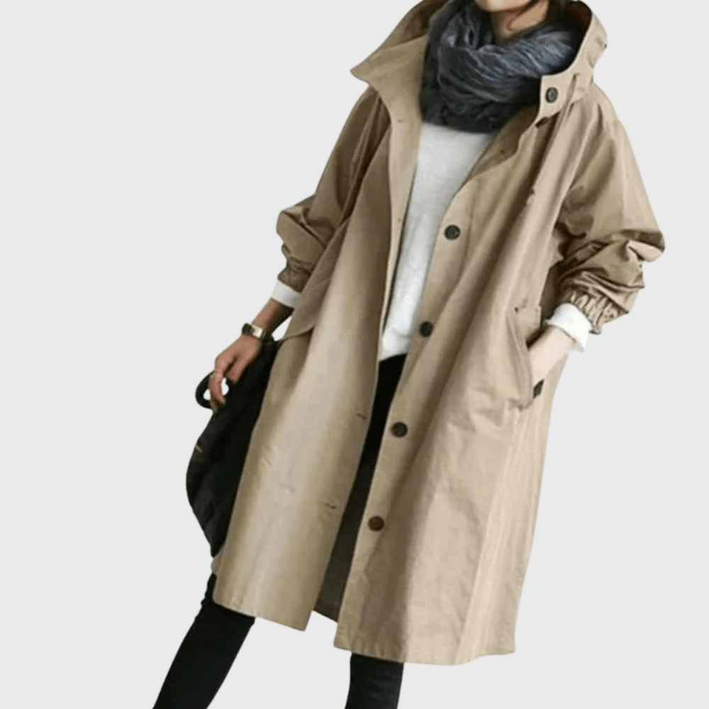 Longline hooded trench coat, light brown, button front, roomy hood