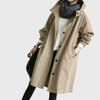 Longline hooded trench coat, light brown, button front, roomy hood