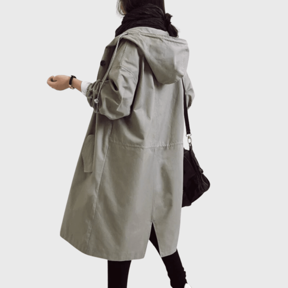 Longline hooded trench coat, light taupe, button front, belted waist