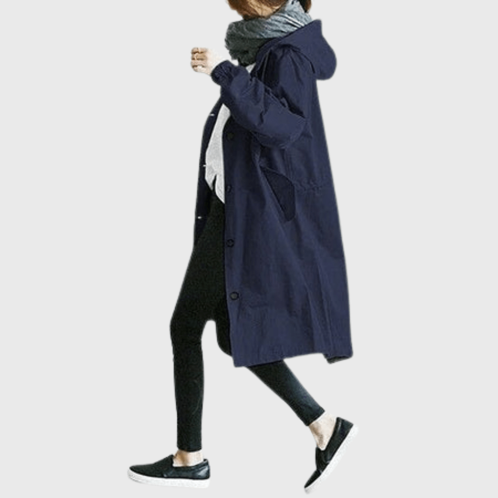 Longline hooded trench coat, dark blue, button front, hooded neckline