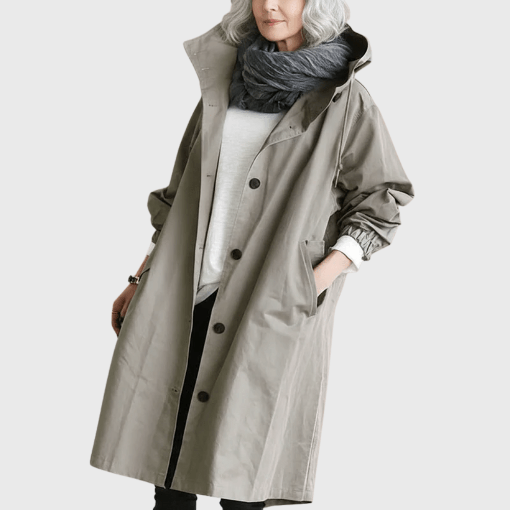Longline hooded trench coat, light gray, button front, long sleeves