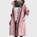 Longline hooded trench coat, pink, button front, long sleeves