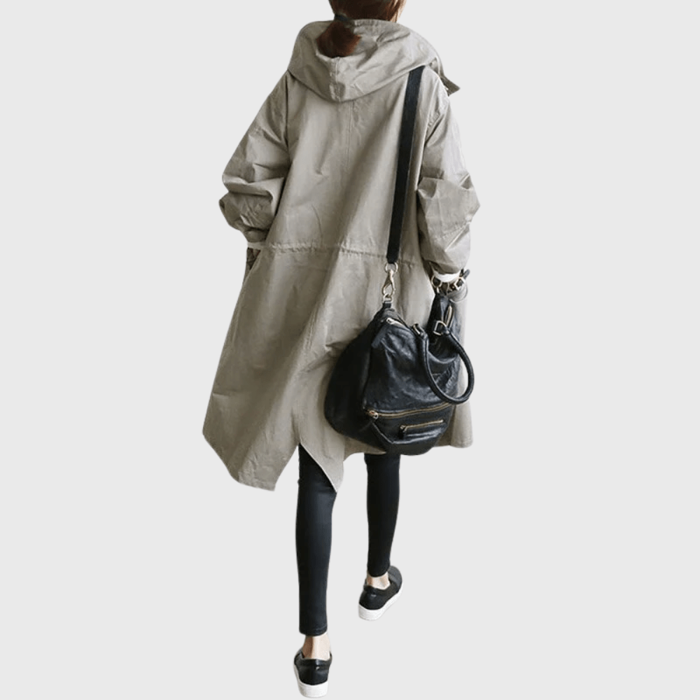 Longline hooded trench coat, light taupe, oversized sleeves, side slits