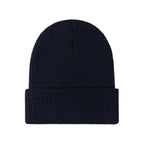 Navy blue knitted beanie with ribbed fold-over brim