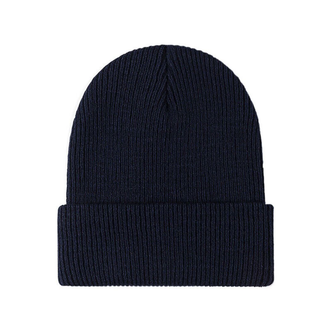 Navy blue knitted beanie with ribbed fold-over brim