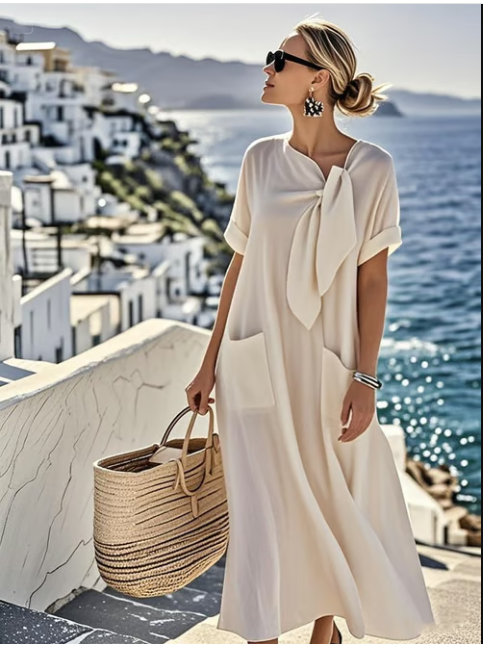 Off-white tie-neck maxi dress with short sleeves, front bow, side pockets