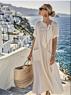 Off-white tie-neck maxi dress with short sleeves, front bow, side pockets