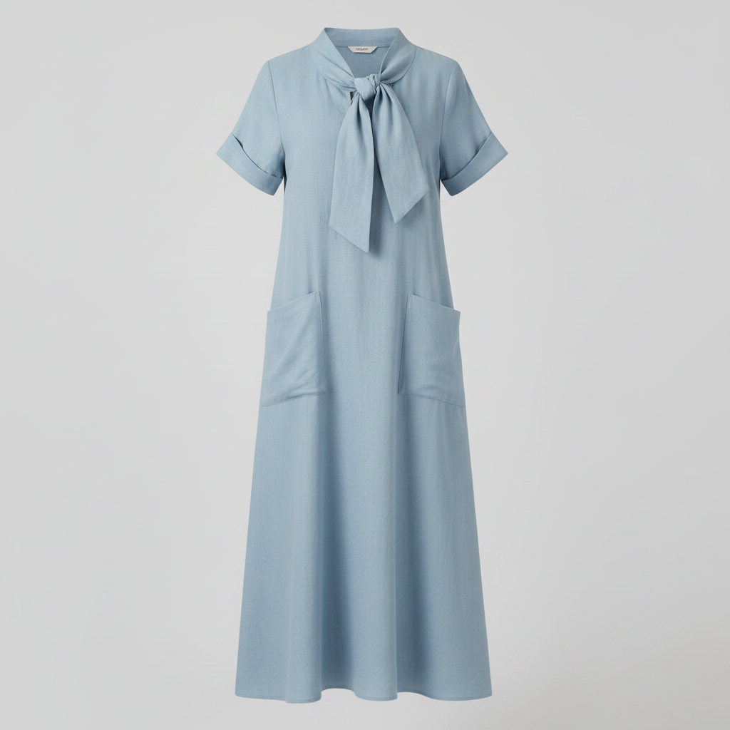 Women's Loose Midi Dress with Front Pockets and Tie Neck