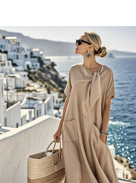 Beige tie-neck maxi dress with short sleeves, front bow, side pocket