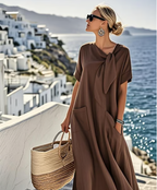 Brown tie-neck maxi dress with short sleeves, front bow, side pocket