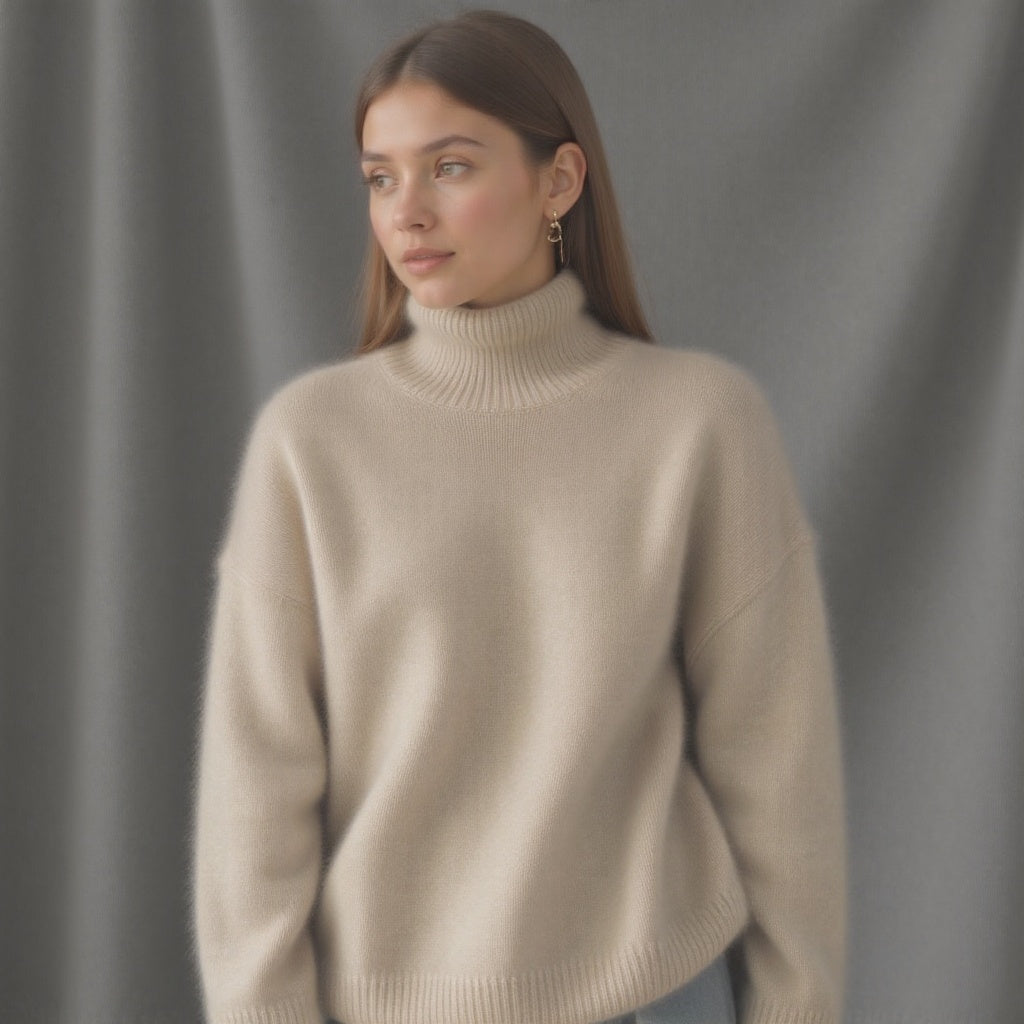Women’s oversize cashmere turtleneck sweater in beige with ribbed collar, hem, and cuffs.
