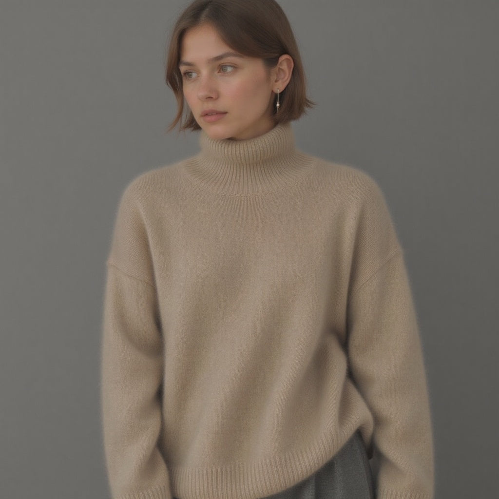 Women’s oversize cashmere turtleneck sweater in beige, long sleeves, ribbed hem and cuffs.