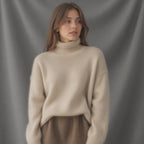 Women's oversized cashmere turtleneck sweater, beige knit with long sleeves