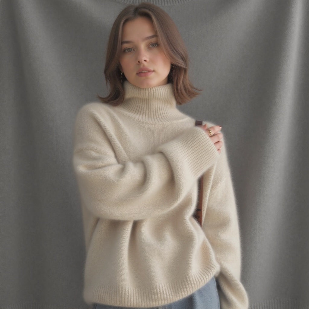 Women’s oversize cashmere turtleneck sweater in beige, long sleeves, ribbed collar and hem.