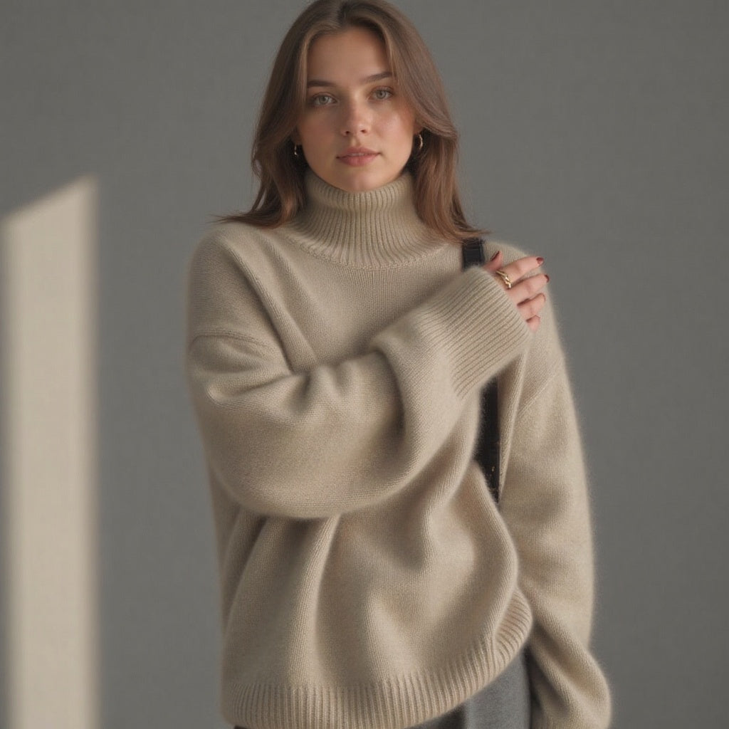Beige oversize cashmere turtleneck sweater with ribbed turtleneck, cuffs, and hem.