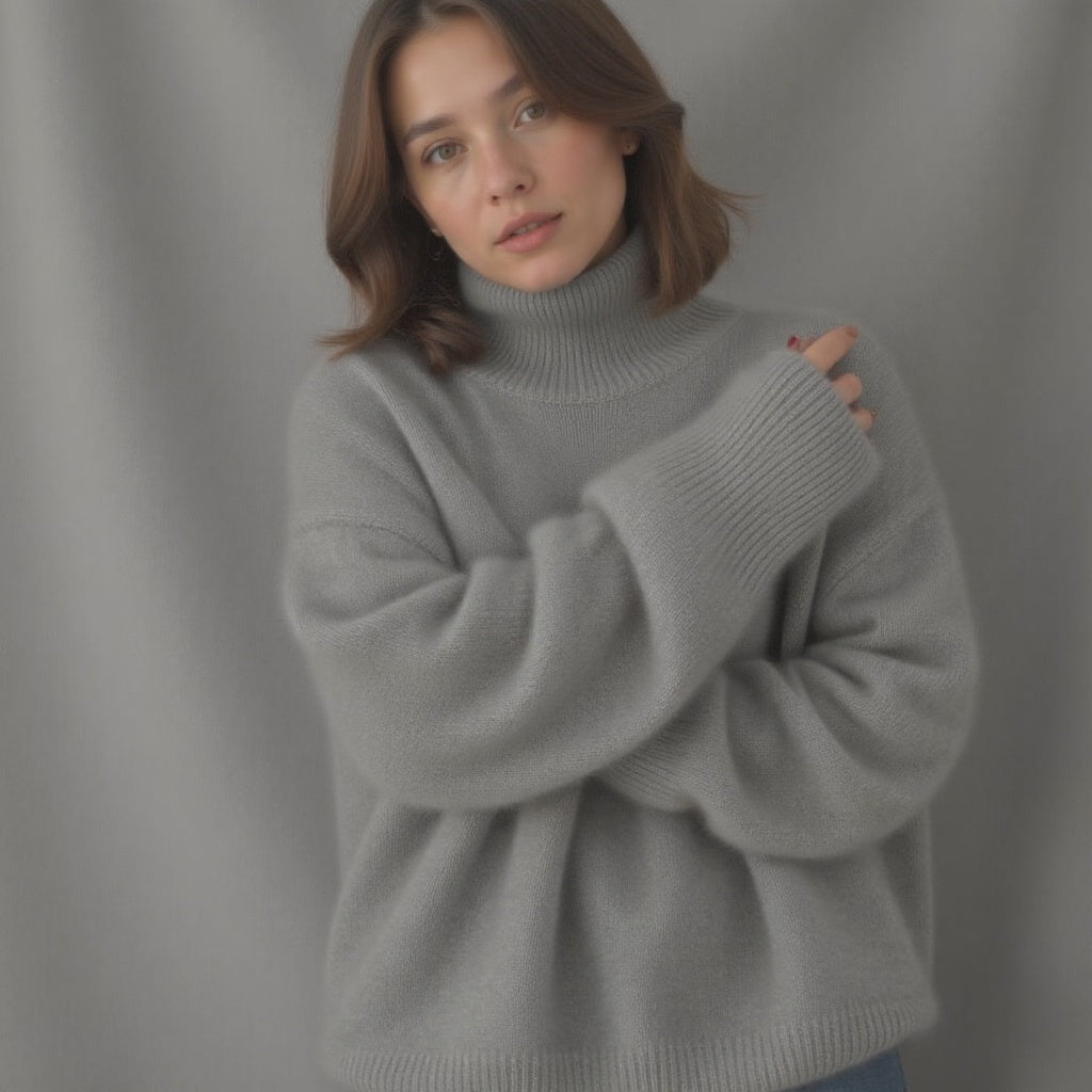 Women's oversized cashmere turtleneck sweater, grey knit with long sleeves