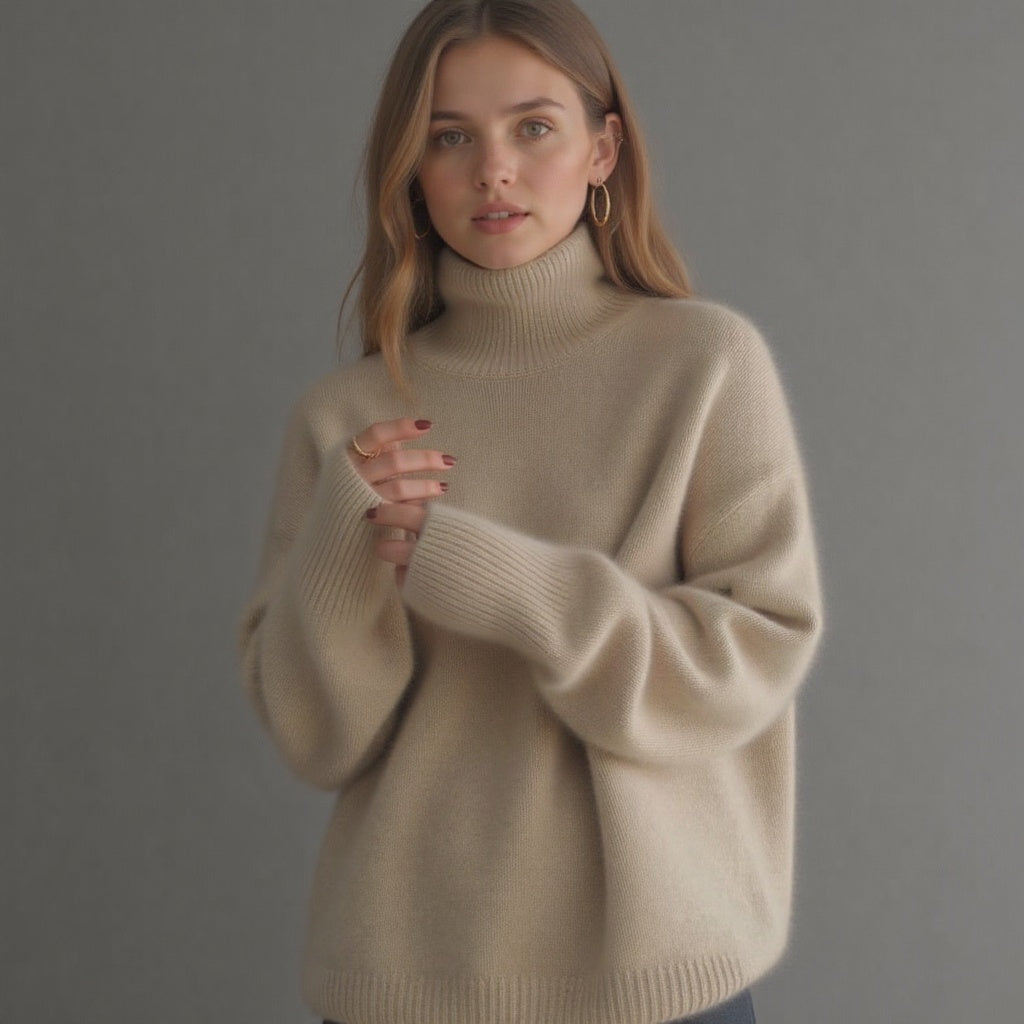 Women’s oversize cashmere turtleneck sweater in beige, ribbed collar, cuffs, and bottom hem.