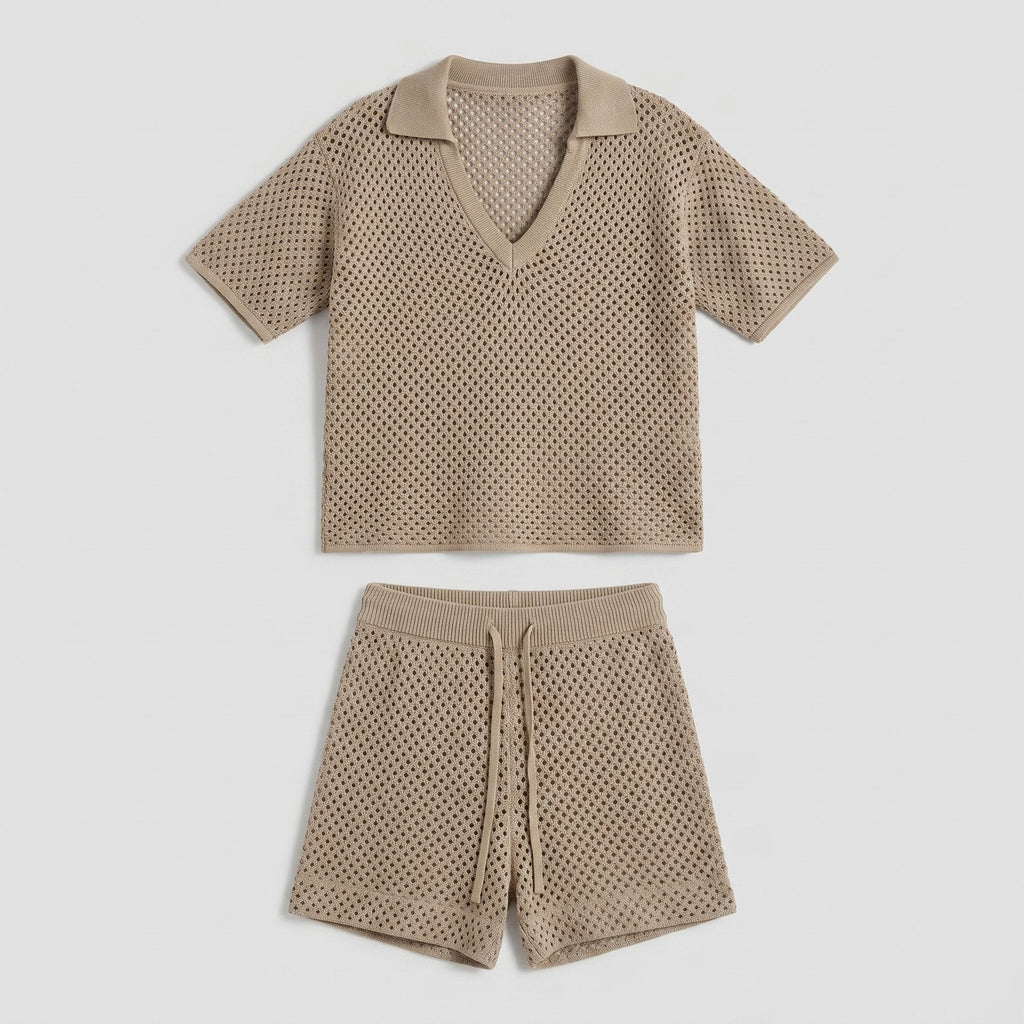 Khaki hollow-knit V-neck top and drawstring shorts set, short sleeves, pull-on style