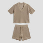 Khaki hollow-knit V-neck top and drawstring shorts set, short sleeves, pull-on style